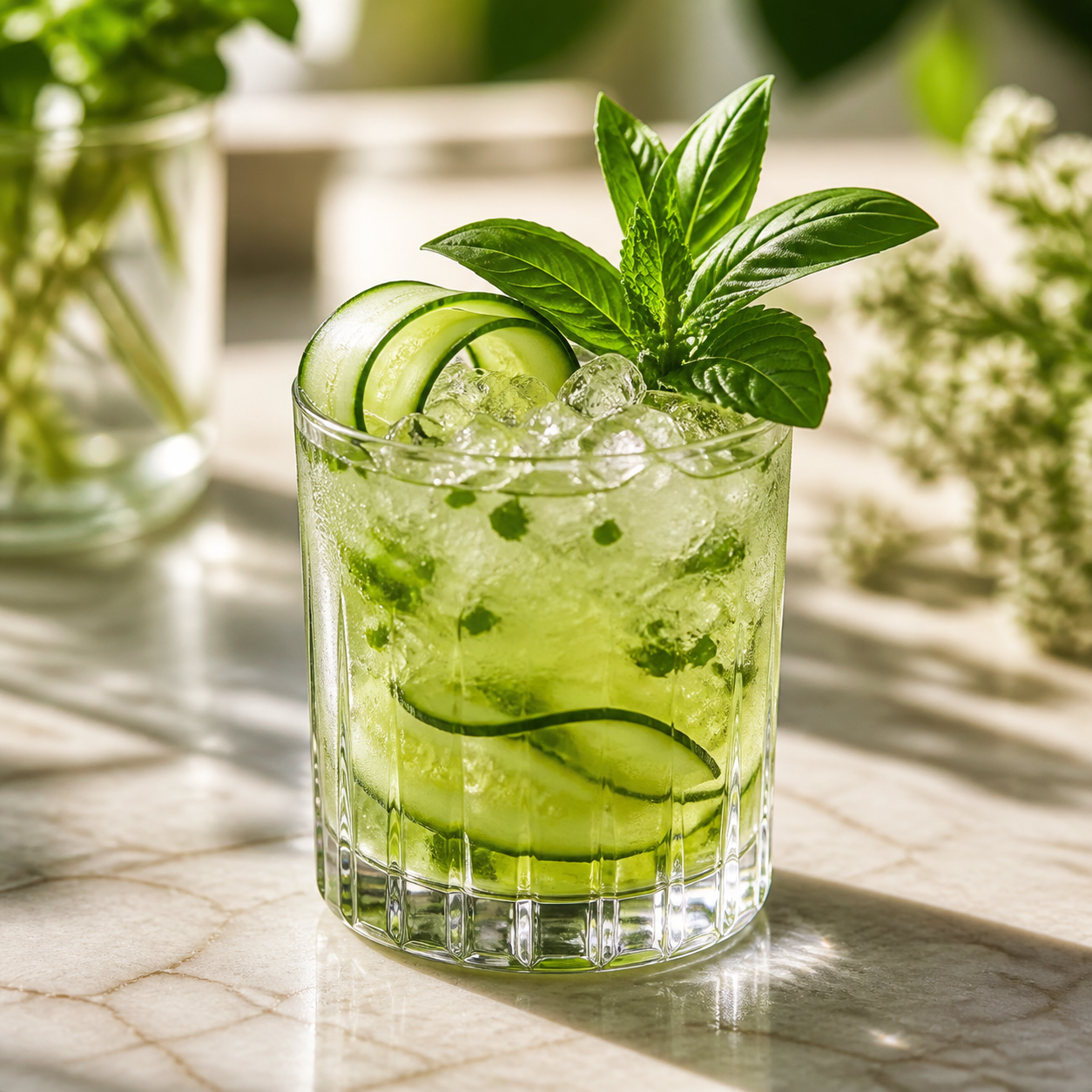 Green herbal cocktail with cucumber and basil